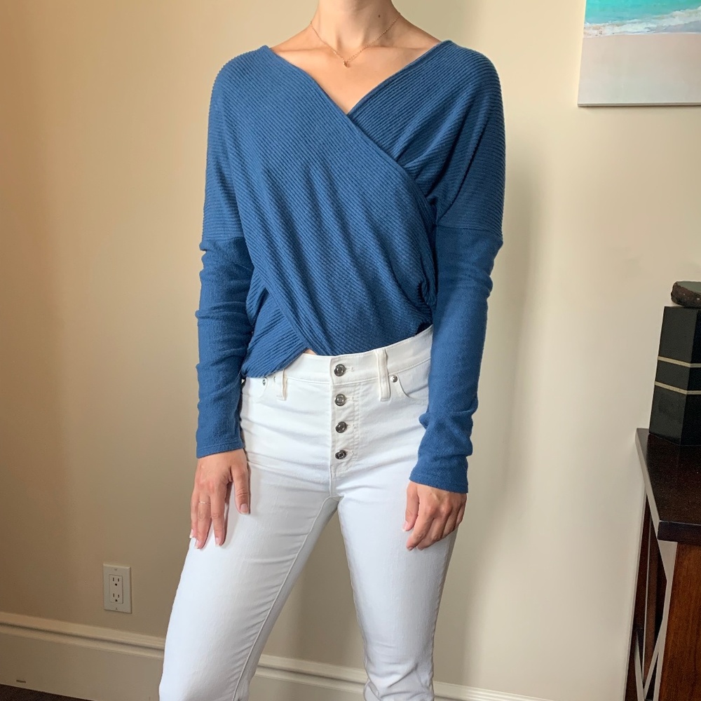 Blue Cross Wrapped Long Sleeve Sweater